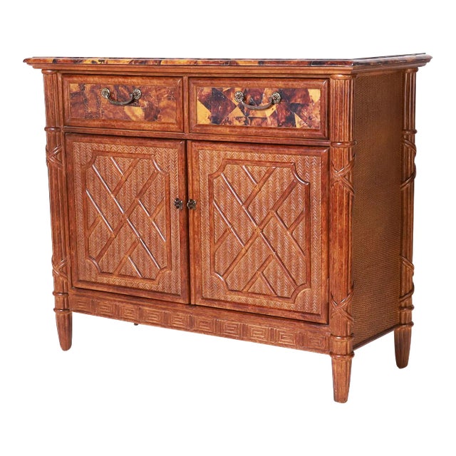 Carved Wood, Grasscloth, and Pen Shell Sideboard or Buffet For Sale