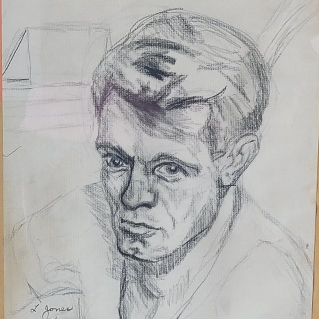 Figurative Vintage Charcoal Drawing Portrait of Man's Face Signed Dated 1967 Framed For Sale - Image 3 of 6