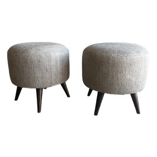 Pair of Greige Ottomans Made From Vintage Turkish Rug For Sale