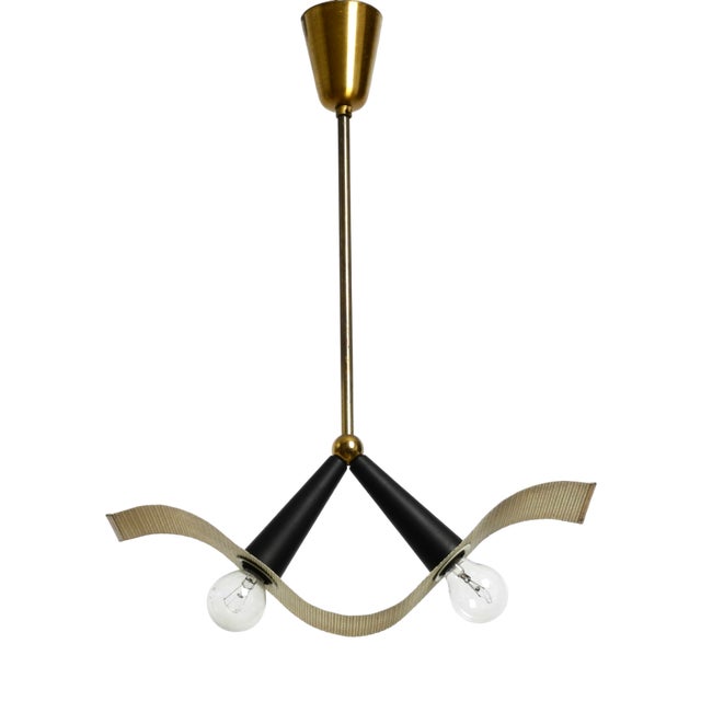 Mid-Century Brass Ceiling Cone Lamp with Curved Perforated Sheet Lampshade, 1950s For Sale