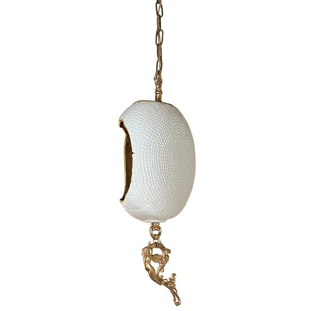 Metal Antique Abstract Egg Shaped Shade With Sculptural Dragon Goddess Finial Pendant Light For Sale - Image 7 of 18
