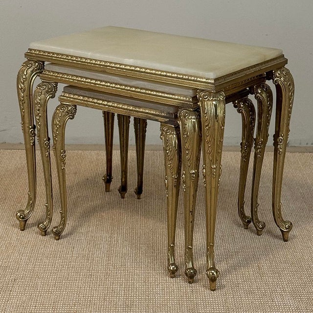Brass Set of Three Mid-Century French Louis XV Style Brass and Onyx Nesting Tables For Sale - Image 8 of 18