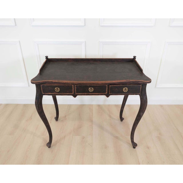 Wood Swedish 20th Century Black Rococo-Style Writing Desk For Sale - Image 7 of 8