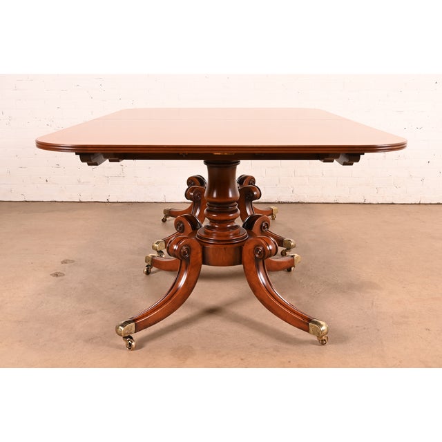 Baker Furniture Style Georgian Banded Mahogany Double Pedestal Dining Table, Newly Refinished For Sale - Image 14 of 15