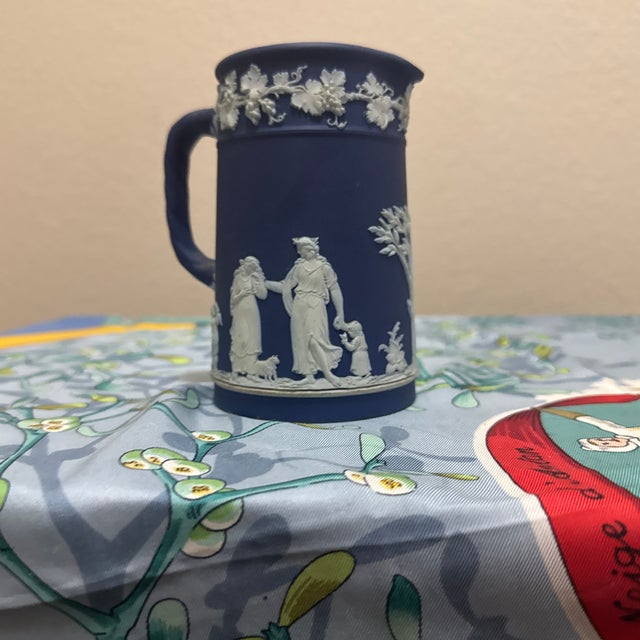 Vintage Wedgwood Cobalt Blue Dipped Jasperware Small Pitcher Jug — Classical Figures & Grapevine Relief For Sale - Image 4 of 7