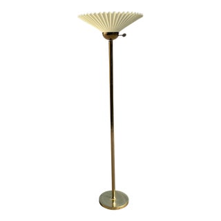 1980s Hollywood Regency Brass Torchiere With Molded Pleated Plastic Shade For Sale