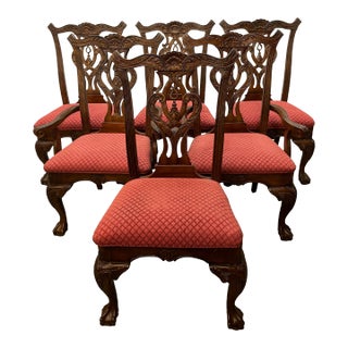 Vintage Chippendale Style Mahogany Finish Dining Chairs - Set of 6 For Sale