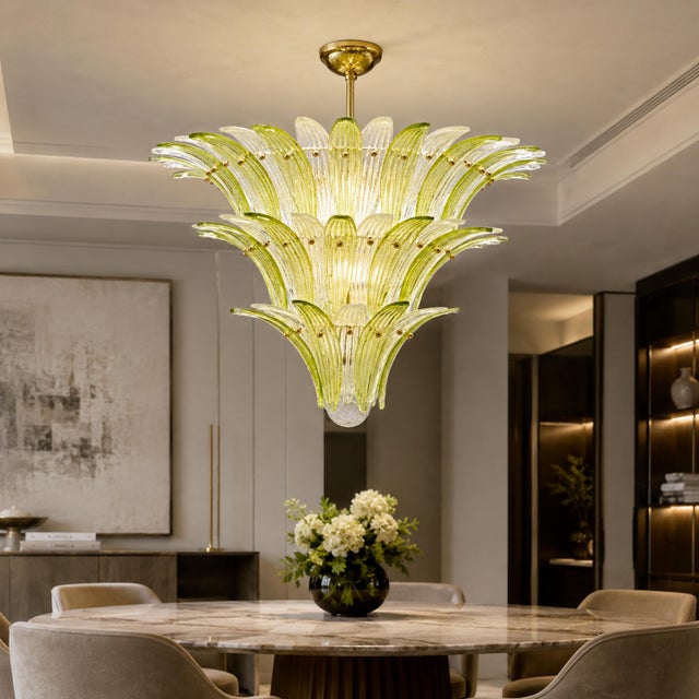 Mid-Century Modern Mid-Century Green and Clear Murano Glass Palmette Chandelier, Italy, 2010s For Sale - Image 3 of 10