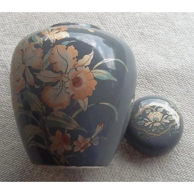 Glossy Gray & Peach Orchid Motif Ginger Jar For Sale - Image 4 of 7