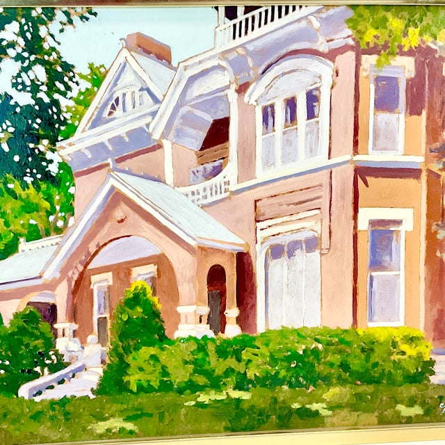 Wood 1970s Impressionist “Morning Sun” on a Victorian House Original Oil Painting, Artist Signed For Sale - Image 7 of 12