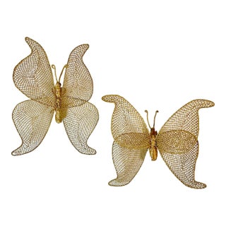 1980s Vintage Boho Chic Coastal Figurative Wicker Butterflies Sculptural Wall Objects - Set of 2 For Sale