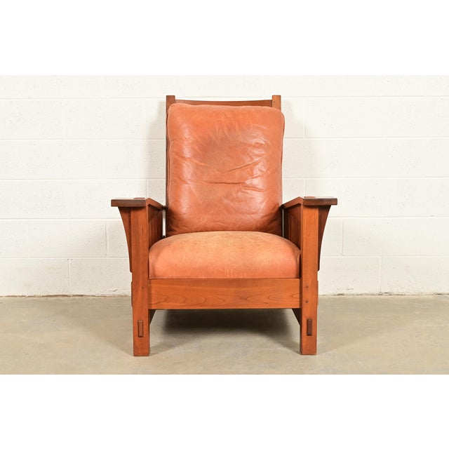 Mission Stickley Mission Arts & Crafts Cherry Wood Spindle Reclining Morris Lounge Chair For Sale - Image 3 of 12