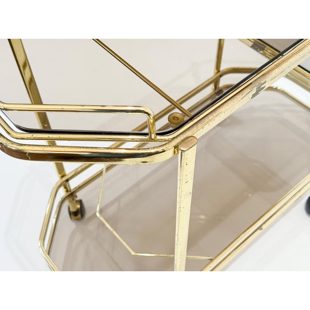 Brass Mid 20th Century Italian Modern Rolling Drinks Cart or Console Trolley of Brass and Smoked Glass For Sale - Image 8 of 14