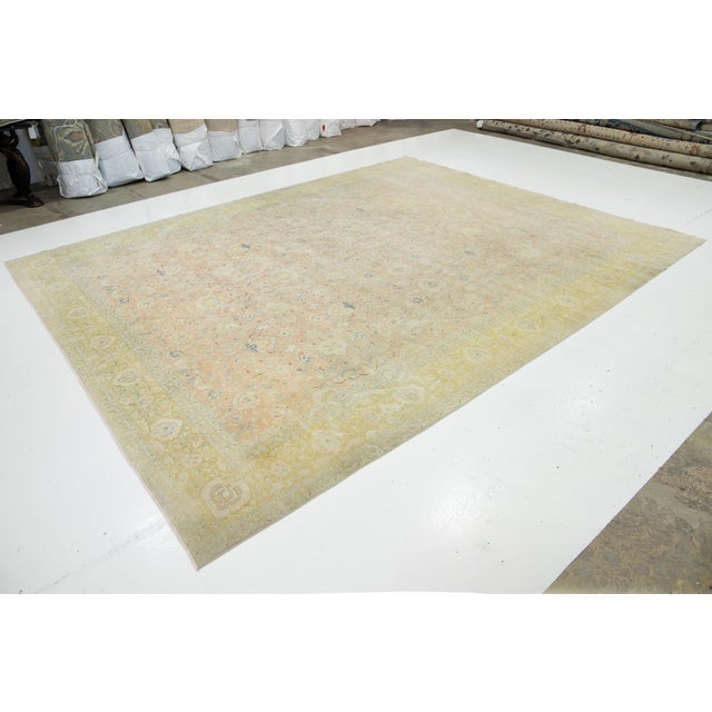Persian Oversized Antique Persian Tabriz Wool Rug in Tan & Green With Floral Design For Sale - Image 3 of 11