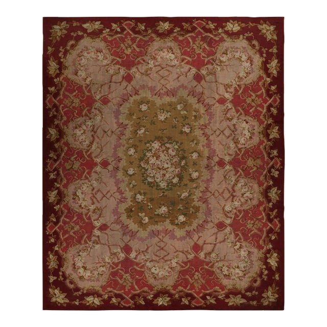 Late 18th Century Antique Aubusson Flatweave Rug in Red With Floral Patterns For Sale