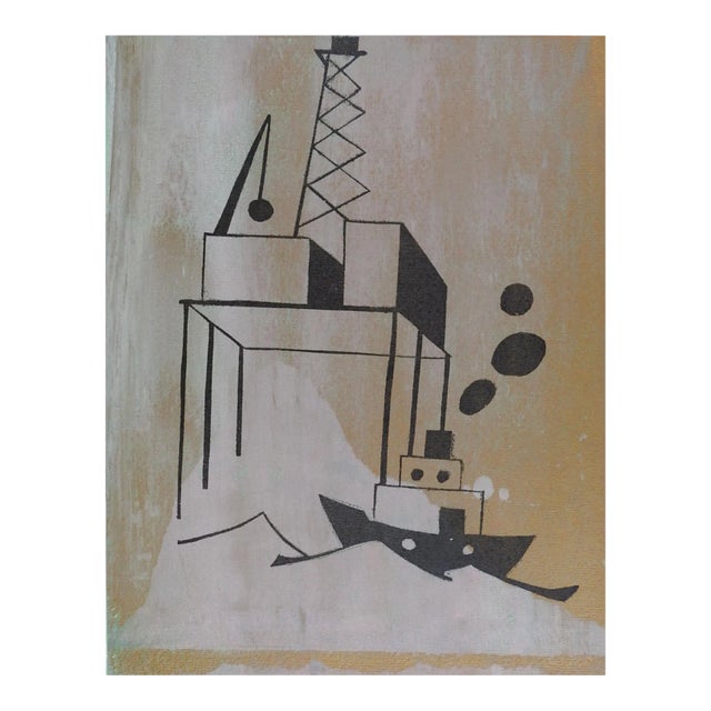 Vintage Mid Century Industrial Ship & Oil Rig Scene Serigraph For Sale