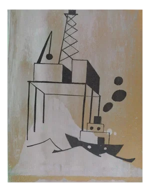 Vintage Mid Century Industrial Ship & Oil Rig Scene Serigraph