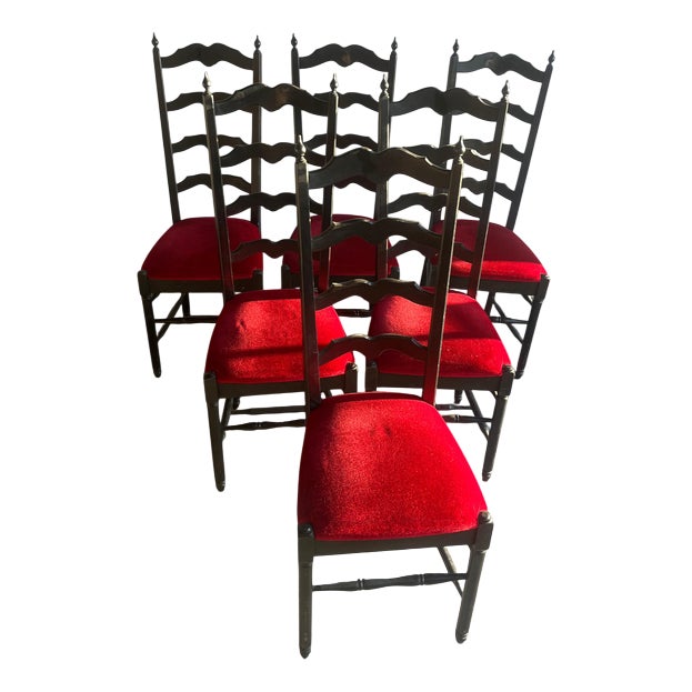 High-Back Dining Chairs in Black Wood and Red Velvet, Set of 6 For Sale