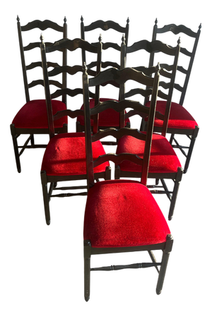 High-Back Dining Chairs in Black Wood and Red Velvet, Set of 6