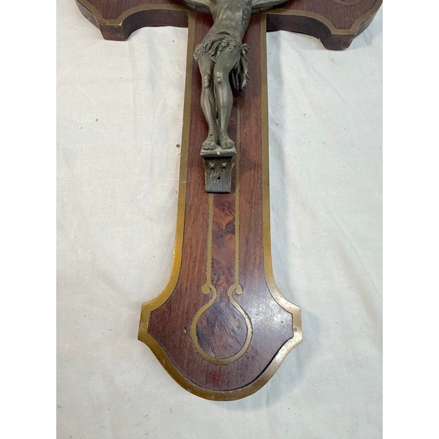 Antique 1800's French Bronze Patinated Metal Inlaid Wood Wall Crucifix Cross For Sale In New York - Image 6 of 12
