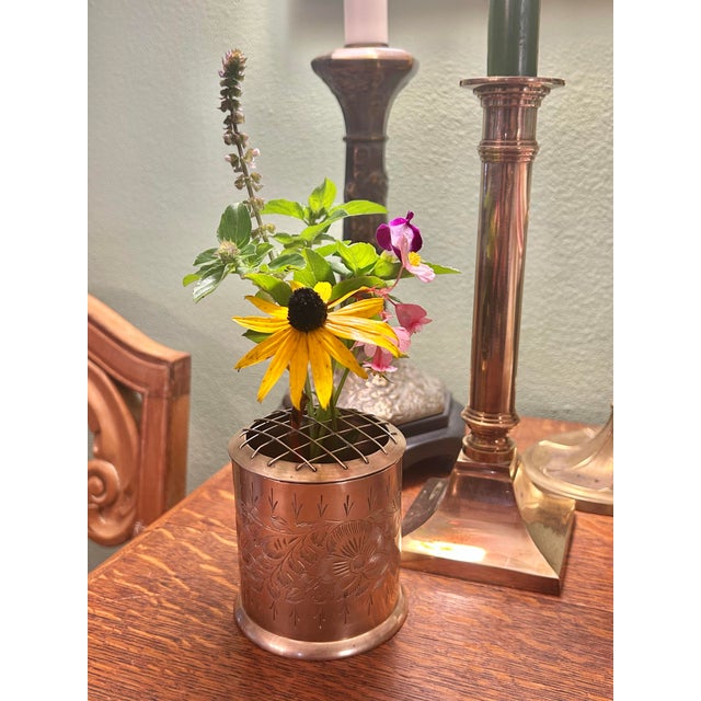 Mid-Century Modern Vintage 1960’s Etched Brass Floral Flower Frog Vase From India For Sale - Image 3 of 7