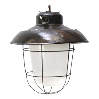Vintage Industrial Black Enamel and Frosted Glass Pendant Light For Sale