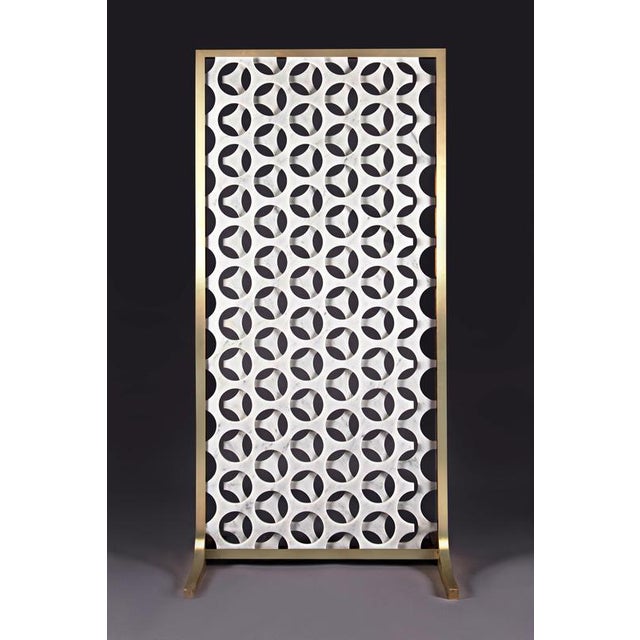 Moire Large Screen in White Carrara Marble & Brushed Brass by Bufalini Marmi Dimensions: D 57 x W 57 x H 177 cm....