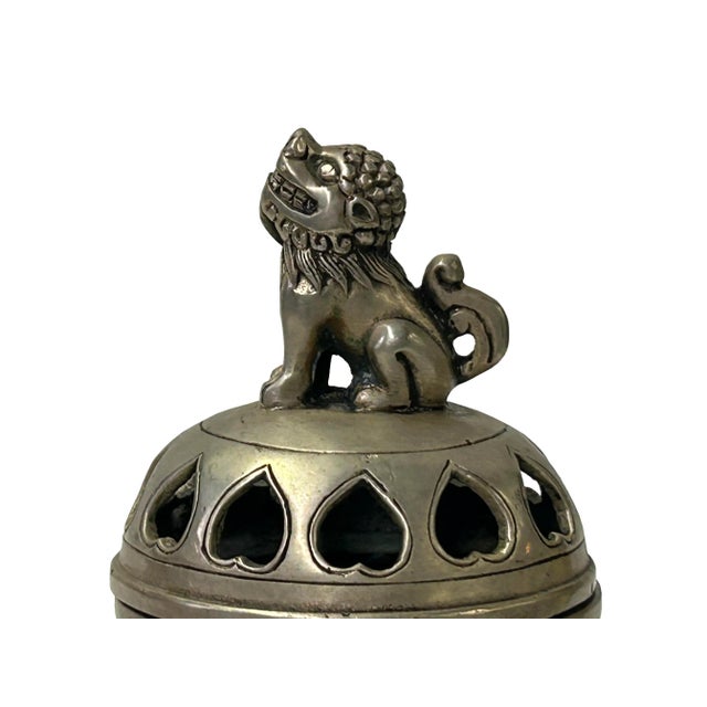 Silver Vintage Silver Pewter Color Metal Foo Dog Ding Shape Incense Holder For Sale - Image 8 of 10