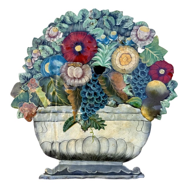 Vintage Toleware Large Hand-Painted Floral & Fruit Basket Fire Screen / Dummy Board For Sale