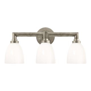Chapman & Myers for Visual Comfort Signature Wilton Triple Bath Light in Antique Nickel with White Glass For Sale