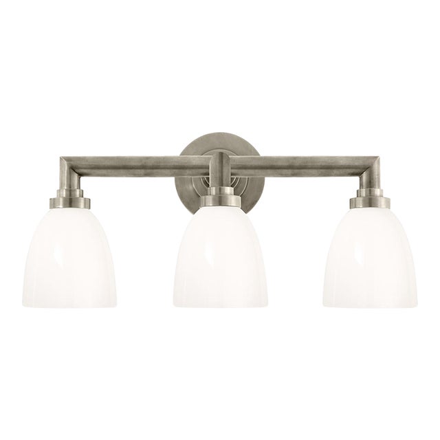 Chapman & Myers for Visual Comfort Signature Wilton Triple Bath Light in Antique Nickel with White Glass For Sale