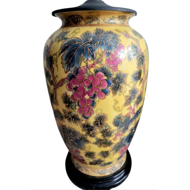 Ceramic Vintage Gold Inlay Berry Leaf Yellow Pink Chinoiserie Regency Table Lamps- A Pair For Sale - Image 7 of 8