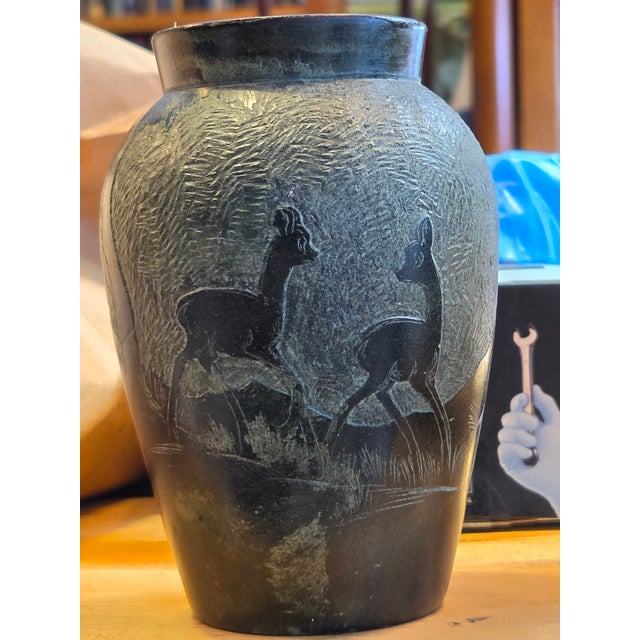 Green Vintage Relief Carved Soapstone Vase Italian 1960s With Deer Trees & Mountains For Sale - Image 8 of 8