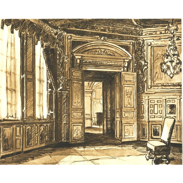 1925 French Antique Interior Lithograph, Chateau Fountainebleau, Matted For Sale - Image 4 of 4