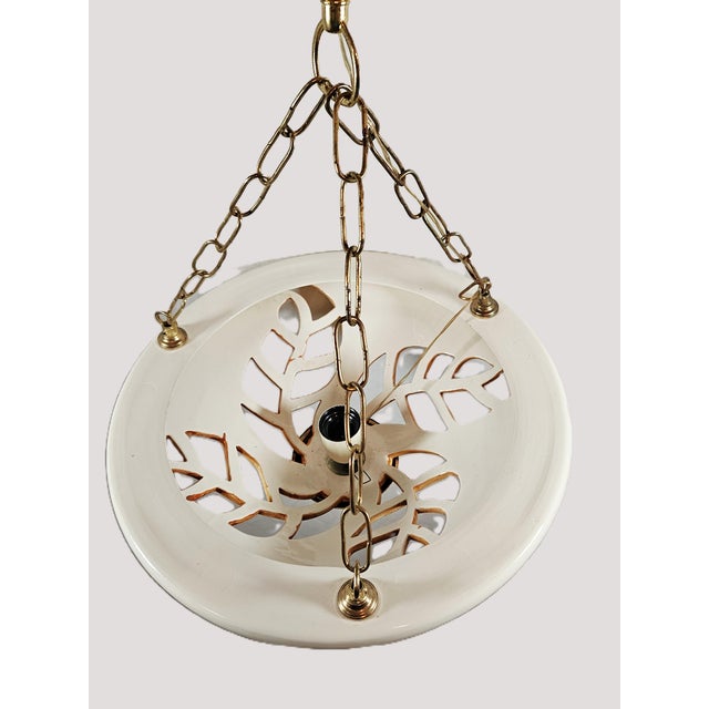 1980s 1980s Italian Style Ceramic & Brass Ornate Floral Large Pendant Light For Sale - Image 5 of 9