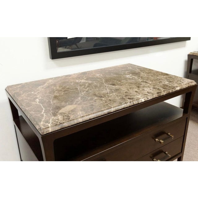 Transitional Pair of Bill Sofield for Baker Walnut Marble Top Nightstands For Sale - Image 3 of 6