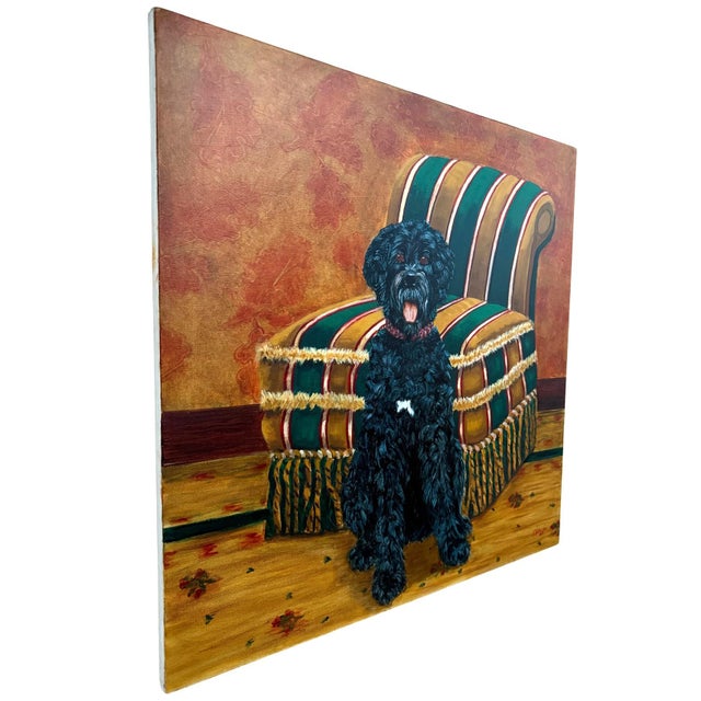 Pair of Large Original Oil Portraits of a Portuguese Water Dog on a Striped Bergère For Sale - Image 11 of 15