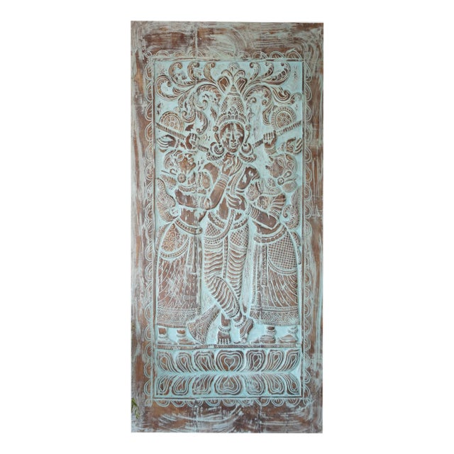 Vintage Reclaimed Wood Krishna Wall Art – Musical Carved Barn Door Sculpture 84x41 For Sale