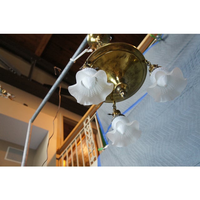 Antique Victorian Brass Ruffled Glass 3 Light Parlor Pendant Light Chandelier For Sale - Image 6 of 13