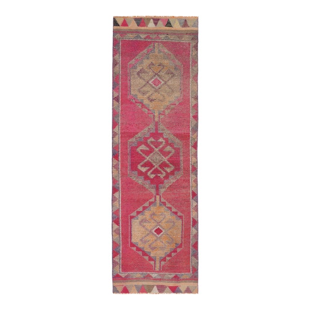 Vintage Turkish Hand-Knotted Wool Cotton Pink Runner Rug For Sale