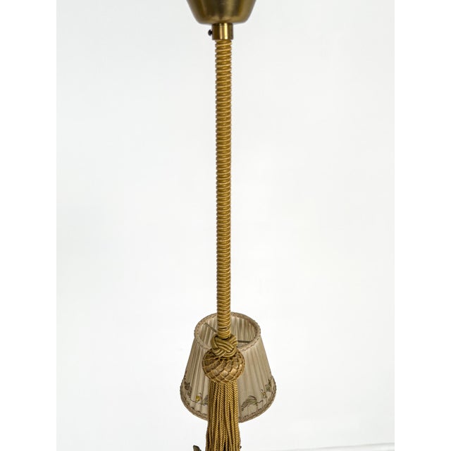 Metal Swedish Brass Chandelier with Original Pleated Silk Shades, 1950 For Sale - Image 7 of 9