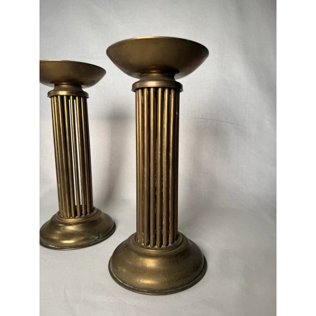 Hollywood Regency Column Brass Pillar Candle Holders, a Pair For Sale - Image 4 of 12