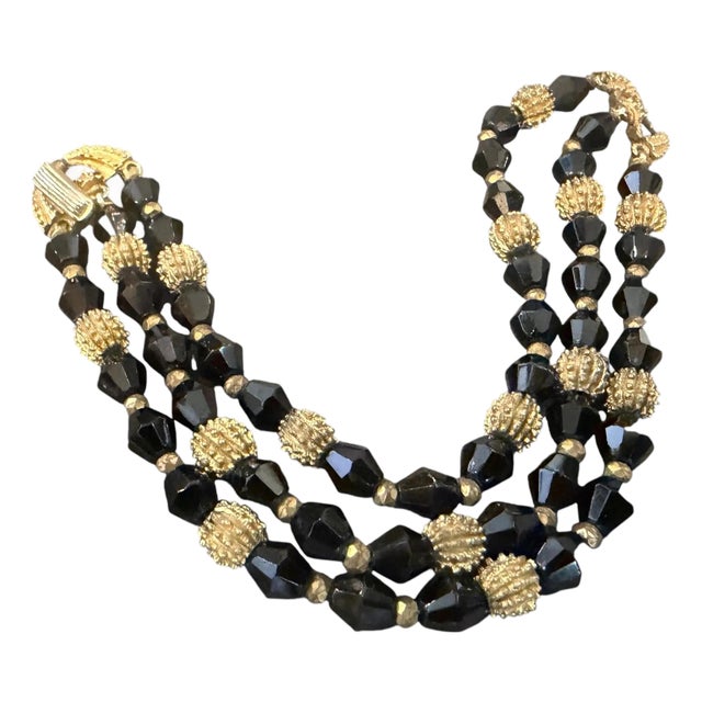 1980s Art Deco Style Black Cristal and Brass Multi Strand Bracelet by Trifari For Sale