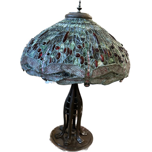 Art Nouveau Pair of Vintage Art Nouveau Tiffany Style Lamps With Hand Leaded Glass Shades For Sale - Image 3 of 12