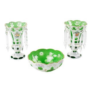 1940s Czech Bohemian Apple Green Glass Crystal Lusters and Bowl Set- 3 Pieces For Sale