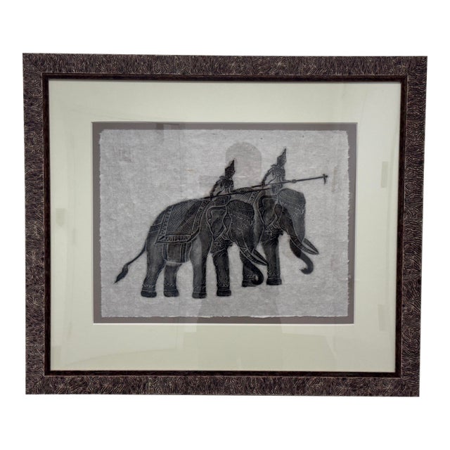 Cambodian Temple Rubbing of Elephants With Riders Holding Spears For Sale