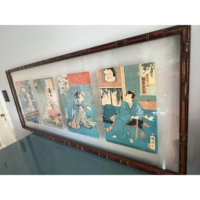 This is 4 beautiful Japanese prints professionally framed in plexiglass with dark brown faux bamboo frame. Note that the...