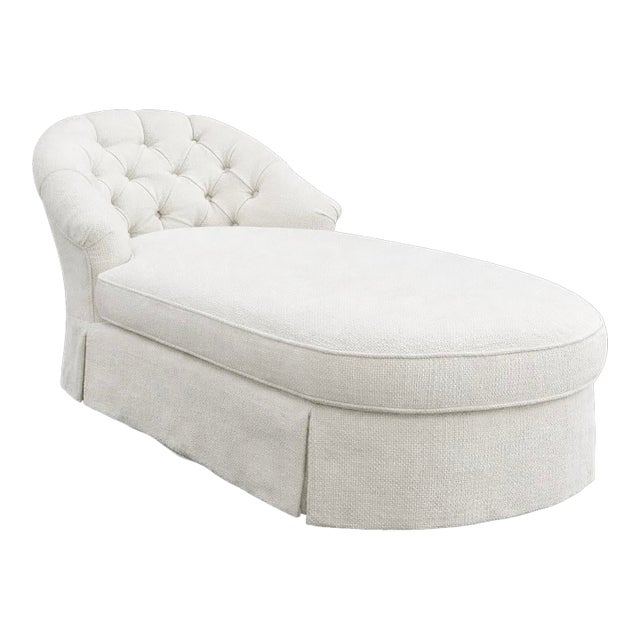 Contemporary Italian Chaise Lounge in White Linen - Skirted With a Loose Seat Cushion - Classic Silhouette For Sale