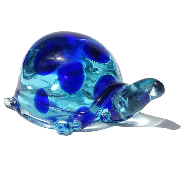 Vintage Murano Salviati Glowing Light and Dark Blue Spots Italian Art Glass Abstract Turtle Figure Sculpture For Sale - Image 10 of 10