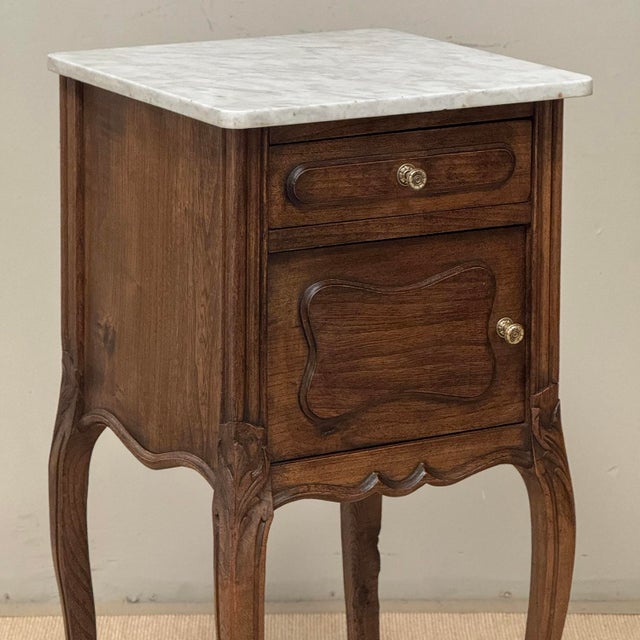 Wood Pair of Antique French Louis XV Oak Nightstands With Carrara Marble For Sale - Image 7 of 18